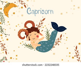 Capricorn zodiac sign. Cute Banner with Capricorn, stars, moon flowers, and leaves. Astrological sign of the zodiac. Vector illustration.