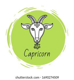 Capricorn zodiac sign decorative design of astrological element in circle. Isolated icon for horoscopes. Symbol of mythological creature Fish goat animalistic depiction. Vector in flat style