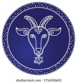 Capricorn zodiac sign decorative design of astrological element in circle. Isolated icon for horoscopes. Symbol of mythological creature Fish goat animalistic depiction. Vector in flat style