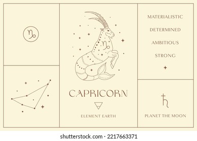 Capricorn Zodiac Zeichendesign, Esoterisches abstraktes Logo, mystische spirituelle Symbole, Symbole. Astrologie, Mond und Sterne, Magische Esoterische Kunst.