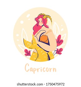 Capricorn zodiac sign. Earth. Female character and element of ancient astrology. Modern flat style. Isolated on white background