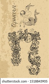 Capricorn Zodiac Sign and fantasy mascot on texture. Collection of characters and astrological symbols in victorian style. Vector line art illustration for Horoscope, Esoteric and Mystic design