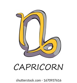 Capricorn zodiac sign flat cartoon vector illustration. Astrological object. Celestial and mythological creature symbol. Astrology chart yellow and grey element. Isolated hand drawn item