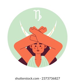 Capricorn zodiac sign flat round vector spot illustration. Woman raising hands 2D cartoon character on white for web UI design. Astrology isolated editable creative hero image