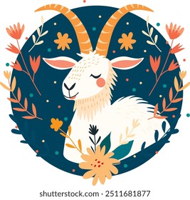 Capricorn zodiac sign with floral flora, vector illustration, white isolated background.