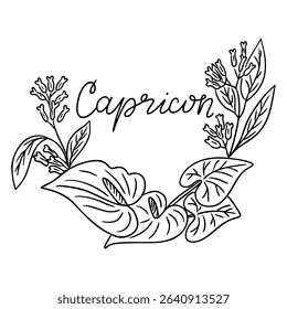 Capricorn zodiac sign with floral wreath and elegant foliage arrangement. Concept reflects astrology, grounded nature and personal symbolism through botanical art