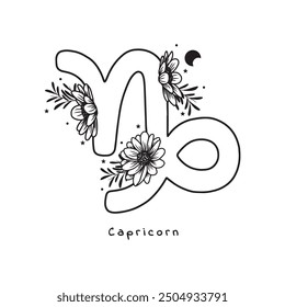 Capricorn zodiac sign with flowers, stars and moon, vector art, white background