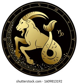 Capricorn Zodiac sign. Golden circle on a black background. Vector illustration.