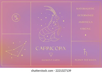 Capricorn Zodiac Sign Golden Design, Esoteric Abstract Logo, Mystic Spiritual Symbols, Icons. Astrology, Moon and Stars, Magic Esoteric Art.