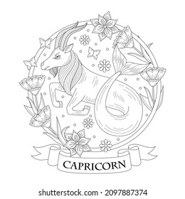 Capricorn zodiac sign hand drawing or coloring book