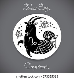 Capricorn zodiac sign of horoscope circle emblem in cartoon style. Vector illustration.