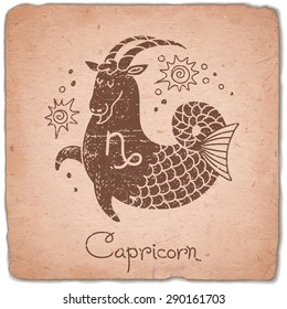 Capricorn zodiac sign horoscope vintage card. Vector illustration.