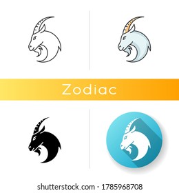 Capricorn zodiac sign icon. Astrology, horoscope goat. Linear black and RGB color styles. Domestic cattle, farmland livestock. Herbivore farm animal with horns isolated vector illustrations