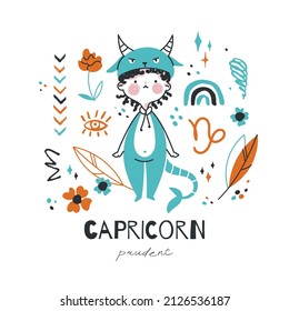 Ilustración del signo de zodiaco de Capricornio. Carácter de símbolo de horoscopio astrológico para los niños. Tarjeta colorida con elementos gráficos para el diseño. Vector dibujado a mano en estilo de caricatura con letras