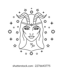 Capricorn zodiac sign in line art style on white background.