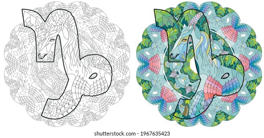 CAPRICORN zodiac sign with mandala cute cartoon character retro zentangle stylized in vector for coloring