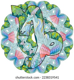 CAPRICORN zodiac sign with mandala cute cartoon character retro zentangle stylized in vector