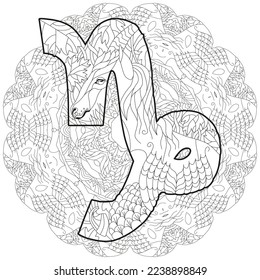 CAPRICORN Zodiac-Zeichen mit mandala cute Cartoon-Charakter Retro zentangle styliert in Vektorgrafik zum Färben