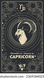 Capricorn zodiac sign, modern astrology card with horoscope symbols, sun, moon and stars, vintage illustration on black mystical background, vector template for stories.