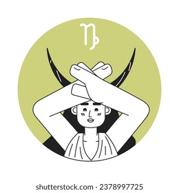 Capricorn zodiac sign monochrome round vector spot illustration. Woman raising hands 2D flat bw cartoon character for web UI design. Astrology isolated editable hand drawn hero image