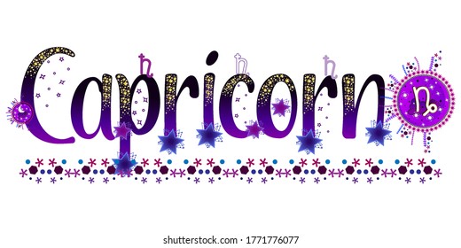 Capricorn. Zodiac sign. Moon sign. Astrology sign label. Horoscope vector. Vedic sign title. Astrology sticker. Astronomy badge. Stock illustration. Lettering text. Stars and patterns.