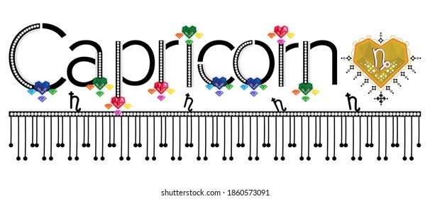 Capricorn. Zodiac sign. Moon sign. Astrology sign gemstone label. Horoscope vector. Vedic sign title. Astrology sticker. Astronomy badge. Stock illustration. Lettering text. Gems and patterns.