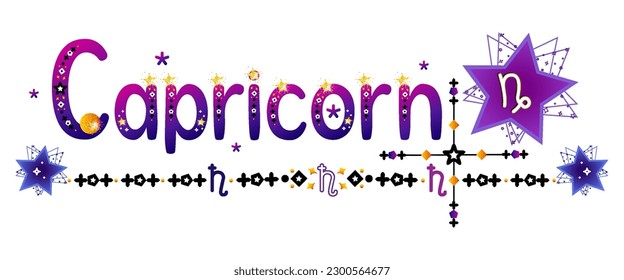 Capricornio. Signo zodiaco. Señal de la luna. Etiqueta de astrología. Señal de sol. Etiqueta astrológica. Estrellas espaciales planetas. Vector de horóscopo. Título védico de la señal. Insignia de astronomía. Ilustración bursátil. Texto de la carta. 