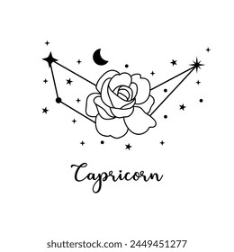 Capricorn zodiac sign with moon, flower and stars. Celestial constellation 