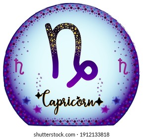 Capricorn zodiac sign. Moon sign label. Astrology sign. Horoscope vector. Vedic sign title. Astrology sticker. Astronomy badge. Stock illustration. Purple magical globe. Stars and patterns.