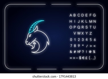 Capricorn zodiac sign neon light icon. Outer glowing effect. Astrology, horoscope goat sign with alphabet, numbers and symbols. Herbivore farm animal with horns vector isolated RGB color illustration