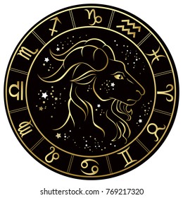 Capricorn. Zodiac sign on a dark background in a gold frame with stars. Vector illustration.