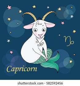 Capricorn zodiac sign on night sky background with stars. Design elements for calendars or cards. Vector illustration in cartoon style