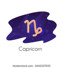 Capricorn zodiac sign on starry sky. Capricorn horoscope symbol on space background. Vector astrological flat illustration. Modern divination design element in decorative frame