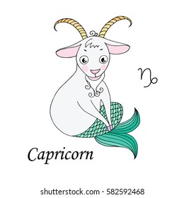 Capricorn zodiac sign on white background. Design elements for calendars or cards. Vector illustration of cute elephant in cartoon style.