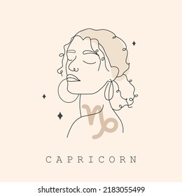 Capricorn zodiac sign. One line drawing. Astrological icon with abstract woman face. Mystery and esoteric outline logo. Horoscope symbol. Linear vector illustration in minimalist style.