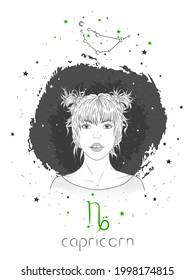 Capricorn zodiac sign and onstellation. Vector illustration with a beautiful horoscope symbol girl on grunge background. 