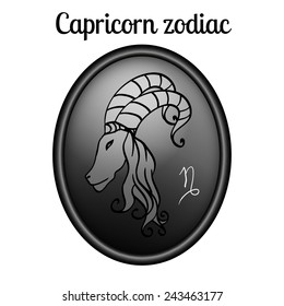 Capricorn zodiac sign in oval frame, vector Illustration. Black and white. Outline, contour icon.