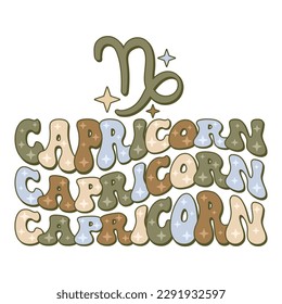 Capricorn zodiac sign. Retro wavy text horoscope design.