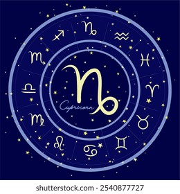 Capricornio zodiaco Iniciar sesión un círculo estrellado, rodeado de todos los signos del zodiaco. Perfecto para temas de astrología, imágenes de horóscopo y diseños celestiales. Fondo cósmico azul oscuro.