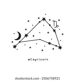 Capricorn zodiac sign, stars, moon, on white background, boho vector art