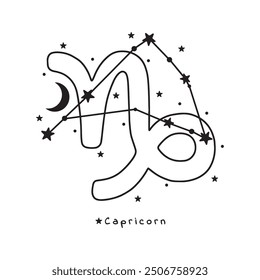 Capricorn zodiac sign, stars, moon, on white background, boho vector art