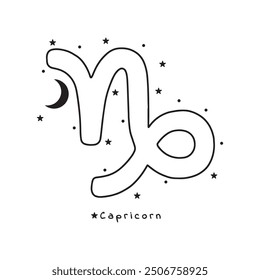 Capricorn zodiac sign, stars, moon, on white background, boho vector art