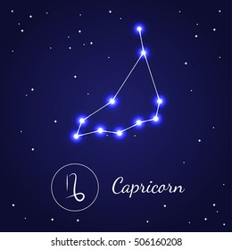 Capricorn Zodiac Sign Stars on the Cosmic Sky. Vector illustration of bright blue star planet zodiacal symbols Astrology, Esoteric. Design for web pages and placard for birthday card 