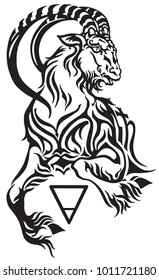 capricorn zodiac sign . Tribal tattoo style mythological creature . Astrological sea goat including symbols of saturn planet and earth . Black and white vector illustration