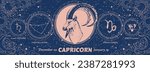 Capricorn zodiac sign, vector horoscope, constellation, realistic astrology symbol drawing, modern hand drawn banner on decorative blue background. Vintage card, banner.