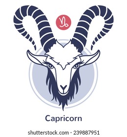Capricorn zodiac sign. Vector illustration. Symmetrical goat's head with lettering. Chinese horoscope symbol.