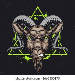 Capricorn zodiac sign vintage concept with angry goat head green circle and triangle on dark background isolated vector illustration