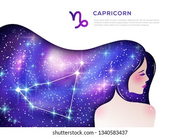 Capricorn zodiac sign web banner template. Horoscope symbol as female cartoon character. Space, stardust, glitter in hair. Astrological sign with title. Stars and constellation vector illustration