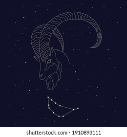 Capricorn zodiac sign white symbol on black background with stars. Abstract head of astrological sign capricorn