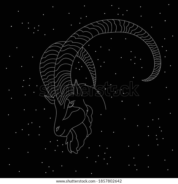 Capricorn zodiac sign\
white symbol on black background with stars. Abstract head of\
astrological sign\
capricorn